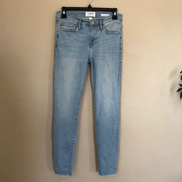 FRAME Le Skinny de Jeanne Mid Rise Light-wash Raw Hem Ankle Crop Skinny Jeans 26 - Picture 1 of 10